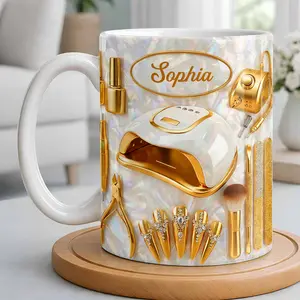 Nail Artist Life Mother of Pearl 2D Printed 3D Effect Gold Tools Mug Personalized Custom Coffee Mug Nail Tech Gift Manicurist Gift Nail Artist Gift Salon Owner Gift for Her Him Beauty Lover Coffee Cup Unique Nail Salon Gift Idea Luxury Nail Theme Mug