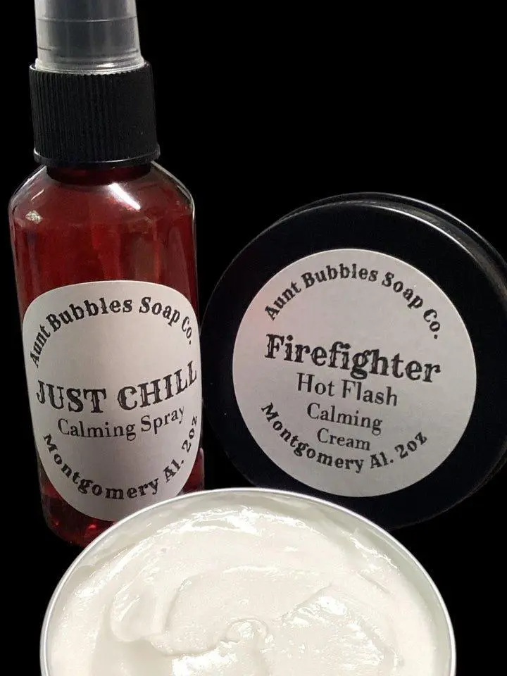 Aunt Bubbles Soap Co. Firefighter Hot Flash Calming Cream & Just Chill Facial Mist Set - Natural Ingredients for Hot Flash Relief Lavender Oil Peppermint Soothing