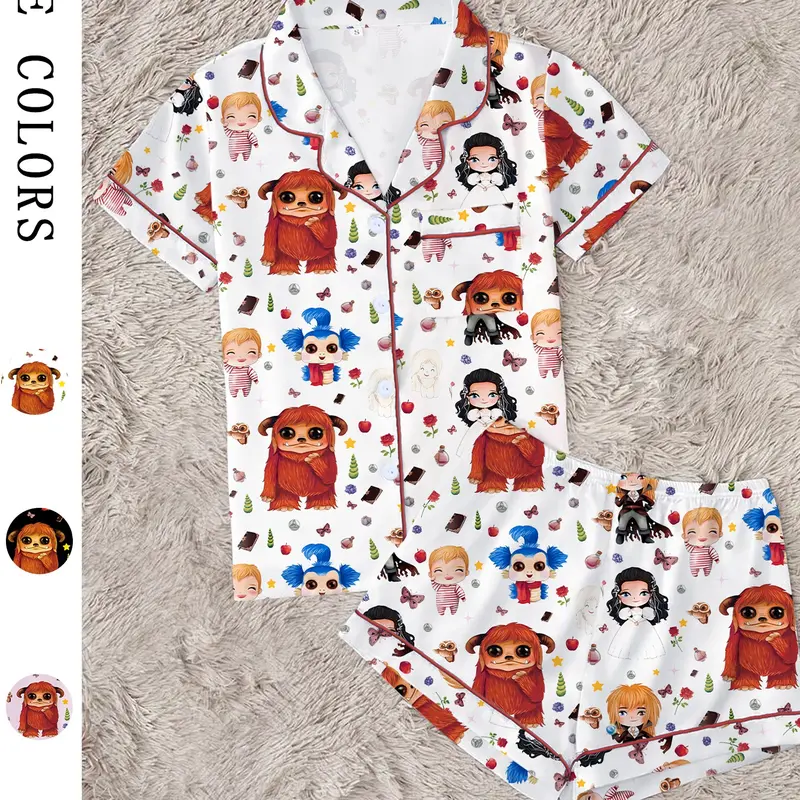 Women's Labyrinth Printed Sleepwear Pajamas Set, Comfortable Two-Piece, Short Sleeve Button-Up Top and Elastic Shorts, Casual Home Wear, Lounge Pjs