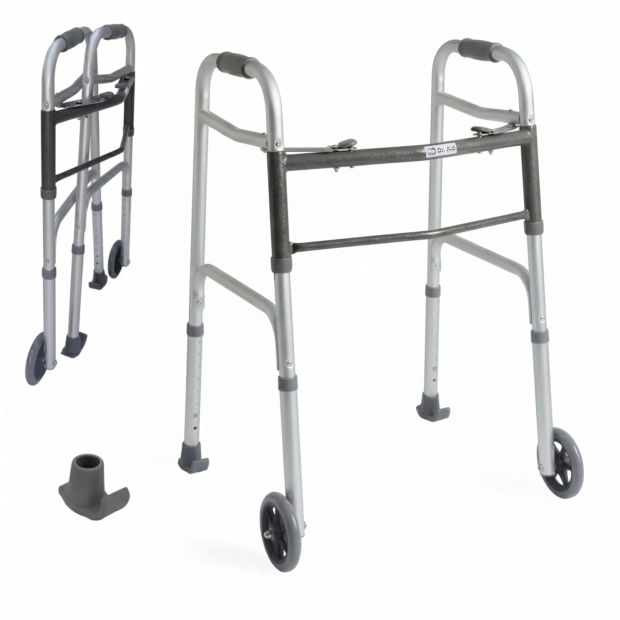 Dr. Aid Premium 2 Button Folding Walker with Wheels, Rolling Front Wheel Walker, Lightweight Walkers for Seniors, Durable Aluminum Frame, Adjustable Height, Up to 400lbs
