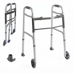 Dr. Aid Premium 2 Button Folding Walker with Wheels, Rolling Front Wheel Walker, Lightweight Walkers for Seniors, Durable Aluminum Frame, Adjustable Height, Up to 400lbs