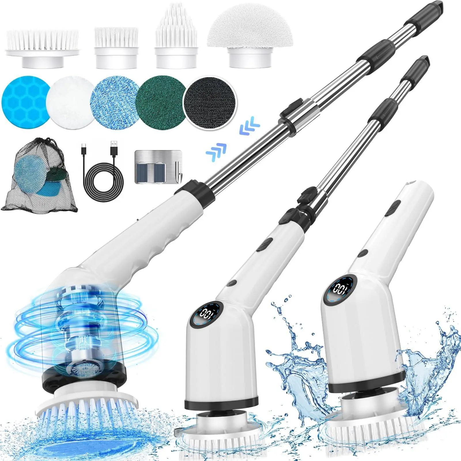 Electric Spin Scrubber, Cordless Cleaning Brush with 8 Replaceable Brush Heads and 3 Adjustable Speeds, Power Shower Scrubber with Adjustable Extensio