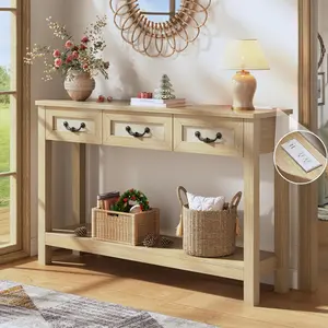 47.2" Console Table with 3 Rattan Drawers, Long Sofa Table with Storage Behind Couch, Modern Entryway Table with Power Outlet & Open Shelf for Entrance/Hallway/Foyer/Living Room, Natural