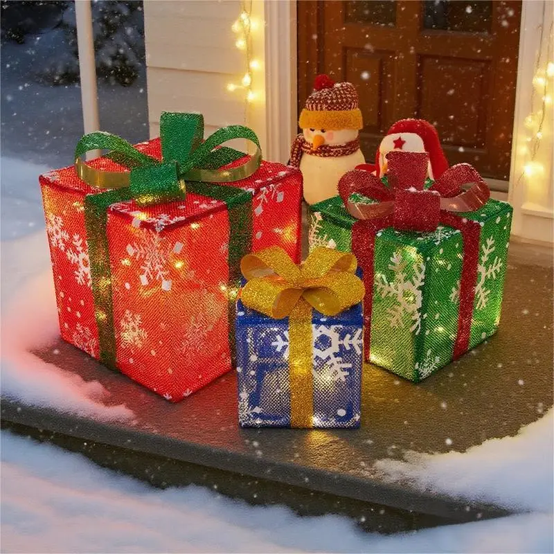 3pc LED Christmas Light Snowflake Gift Box Set - Remote Control, Festive Ribbon Decoration, AA Battery-Powered (Battery Not Included), Warm Light, Indoor/Outdoor Camping Use, DIY Craft Requires Assembly, Led Lights