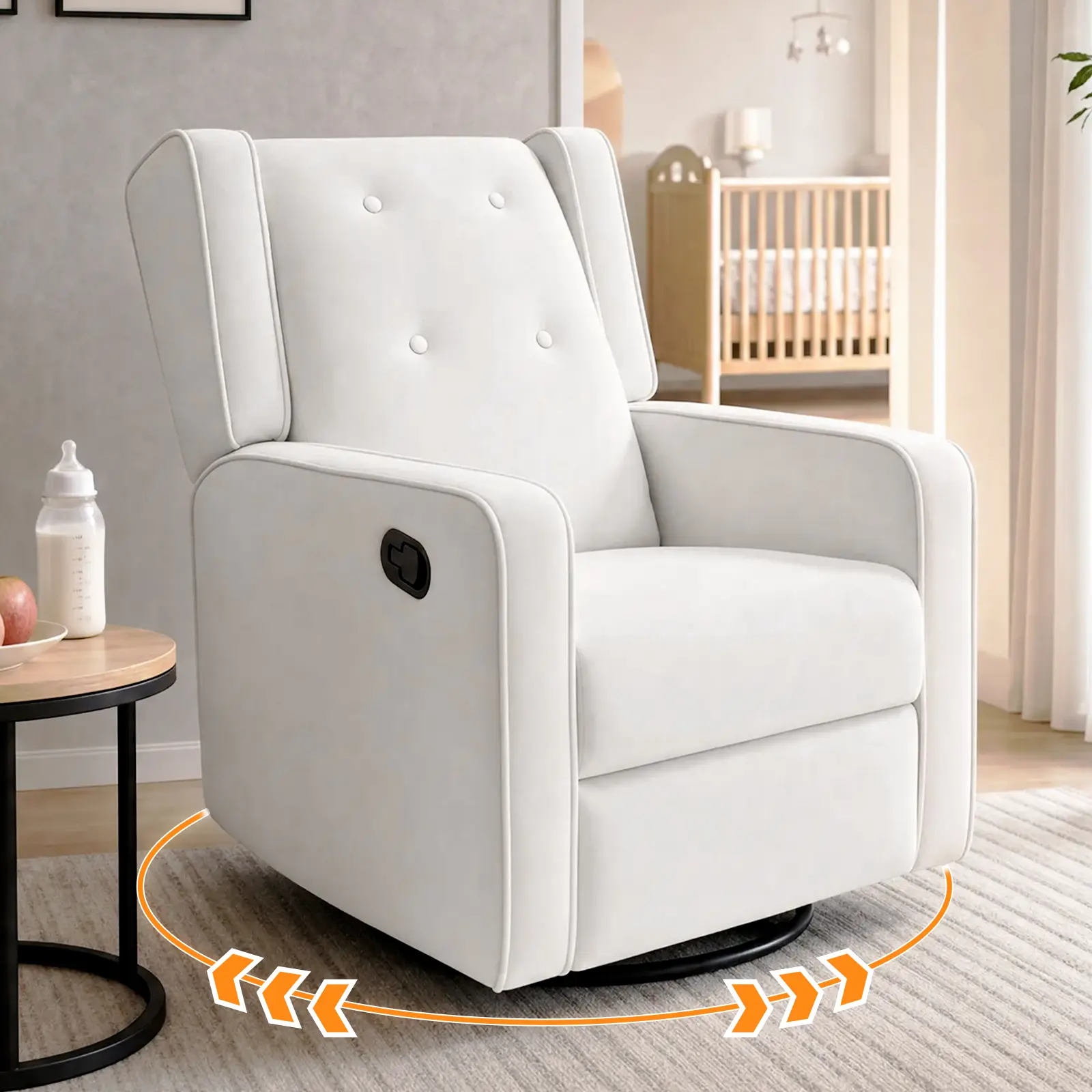 SweetGO Compact Nursery Glider Recliner for Parents - 360° Silent Swivel Rocking Chair with Adjustable Back, Footrest & Ergonomic Lumbar Support, Soft Microfiber Manual Recliner, Tool-Free Assembly (Brown)
