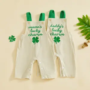 Infant Baby Boys Girls St Patricks Day Romper Jumpsuit Sleeveless Shamrock Clover Letter Embroidery Green Irish Clothes Photoshoot Gifts