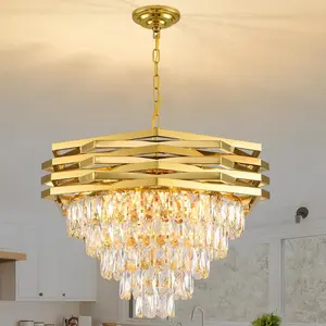 Modern Crystal Chandelier, 5-Tier Height-Adjustable Gold 23.6-Inch E12 Crystal Chandelier for Kitchen Island/Living Room/Dining Room/Bedroom