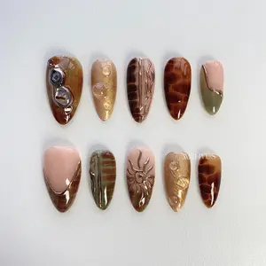 Aura Nails - Amber Press On Nails Short Almond Nails - Brown Nails - Fritillaria Shell Nails - Dark Green Nails - Sun Nails - Fake Nails - Birthday Holiday Nails