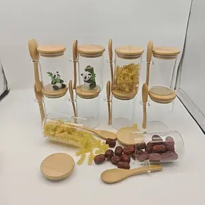 8 PCS of high borosilicate heat-resistant transparent glass with lid wooden spoon round hole large capacity 9.47 ounce sealed can, suitable for coffee bean and grain storage, multi-purpose candy and dried fruit sealed can