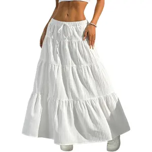 Women's Boho Flowy White Maxi Skirt Flared Ruffle Elastic Waist Summer A Line 2026 Spring Long Skirts