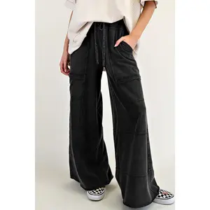 Black Mineral Wash Exposed Seam Wide Leg Cargo Pants