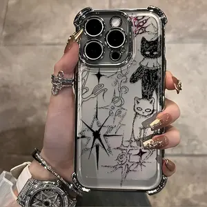 Clmj Y2K Cool Cat Phone Case for iPhone 17 17Air 16 15 14 13 12 11 Pro Max XSMAX Plus Electroplated Anti-Drop Transparent Soft Back Cover Shell Aesthetic Protective