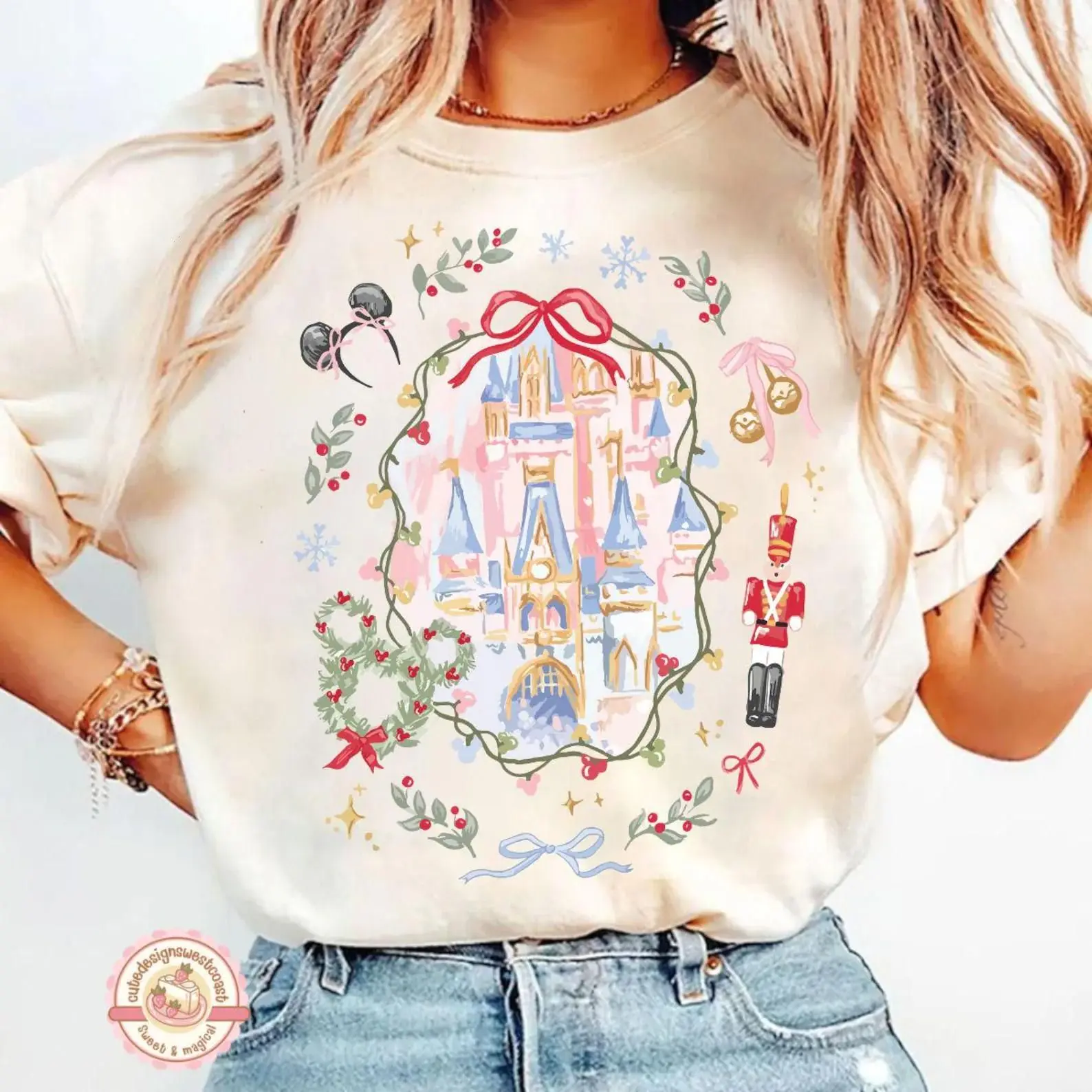 Retro Coquette Bow WDW Castle  Christmas Shirt, Magic Kingdom, Mickey's Very Merry Christmas Party Shirt, Girly Nutcracker Xmas Tee