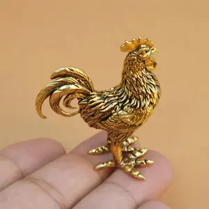 3pc Brass Chinese Zodiac Rooster Statue, Gold Finish Animal Figurine Feng Shui Enhancer, Home Office Desk Decor Collectible for Good Luck and Wealth, Desktop Sculpture Ornament for Living Room Bookshelf, Housewarming Birthday Gift