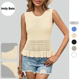 Imily Bela Womens Crochet Crop Tank Tops Sleeveless Crew Neck Ruffle Summer Boho Knit Sweater Vest