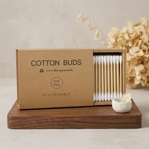 200 Count Bamboo Cotton Swabs - 100% Biodegradable Eco-Friendly Wooden Cotton Buds, Plastic-Free Dual-Tipped Sticks for Ear, Makeup, Crafts & Daily Use, Kraft Drawer Box