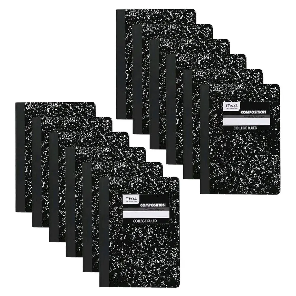 Mead Composition Notebook, 12 Pack, College Ruled Paper, 7-1/2" x 9-3/4", 100 Sheets per Comp Book, Black Marble (72938)