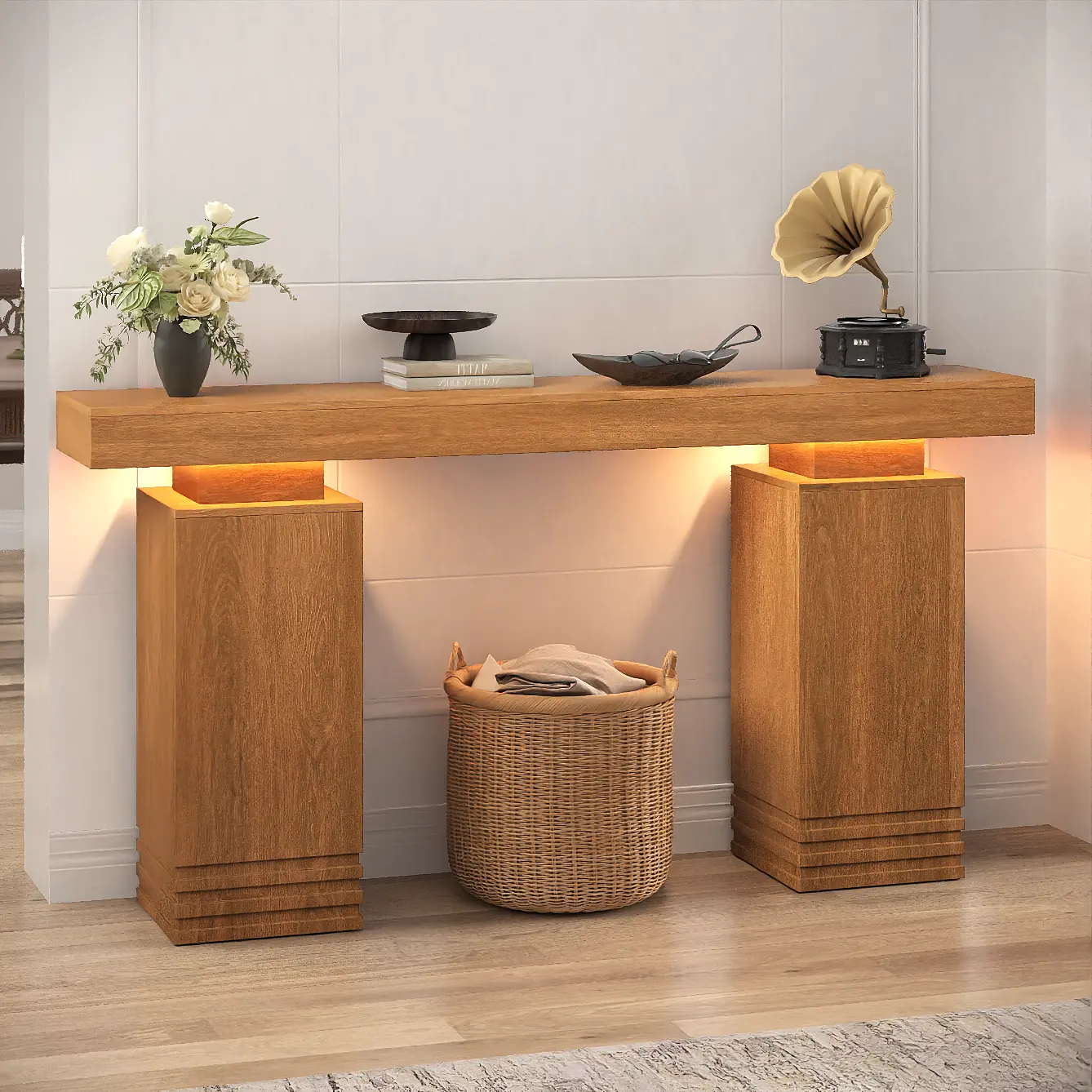 SIKAIC 63-Inch LED Console Table, Mid-Century Modern Walnut Brown Entryway Table with 3 Color Lighting for Living Room and Coffee Bar Station