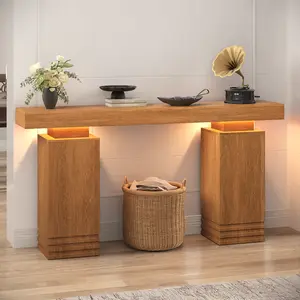 Sikaic 63 Inches Long Console Table with LED Lights, Sofa Table Behind Couch, Wooden Entry Table Foyer Hallway Table, Mid-Century Modern Foyer Table for Entryway, Hallway, Living Room, Walnut Brown