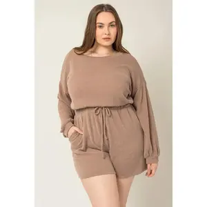 Plus Size Ribbed Long Sleeve Drawstring Romper with Pockets – Mocha