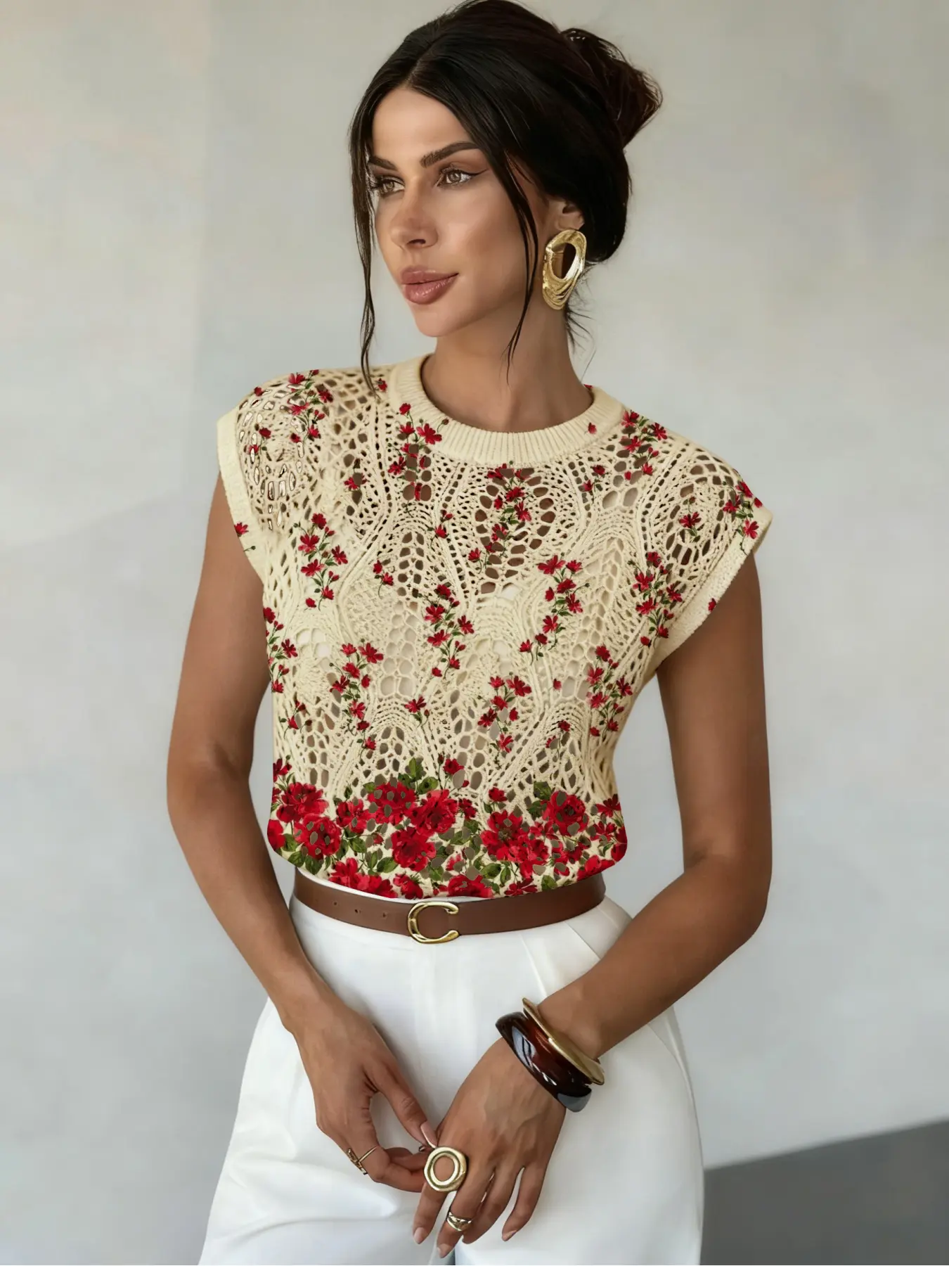 Floral Print Round Neck Fitted Short Sweater Top, Casual Elegant Chic Sleeveless Knitwear Floral Design Knit Womenswear for Spring Summer Fall, Comfortable Warm Women's Clothing