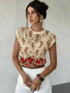 Floral Print Round Neck Fitted Short Sweater, Casual Sleeveless Knitwear for Spring Summer Fall, Comfortable Warm Women's Clothing