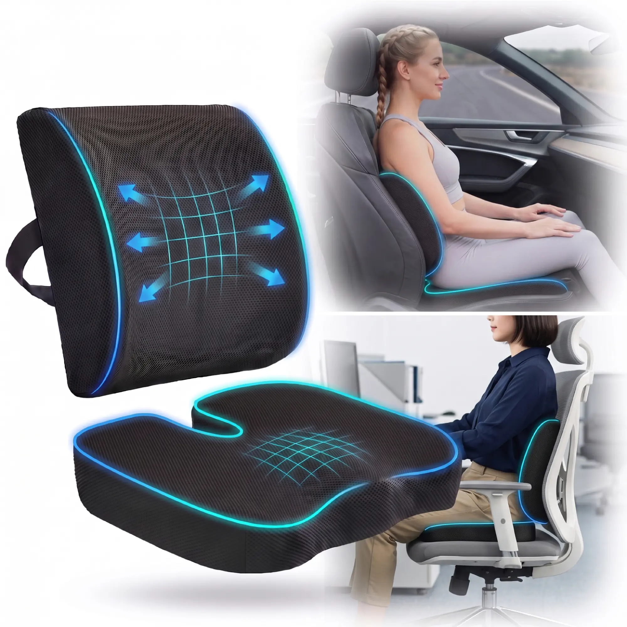 Seat Cushion and Lumbar Support Pillow for Office Chair, Black | Ergonomic Memory Foam for Sciatica Pain Relief & Posture Correction; Non-Slip Chair Cushions for Car, Wheelchair and Travel