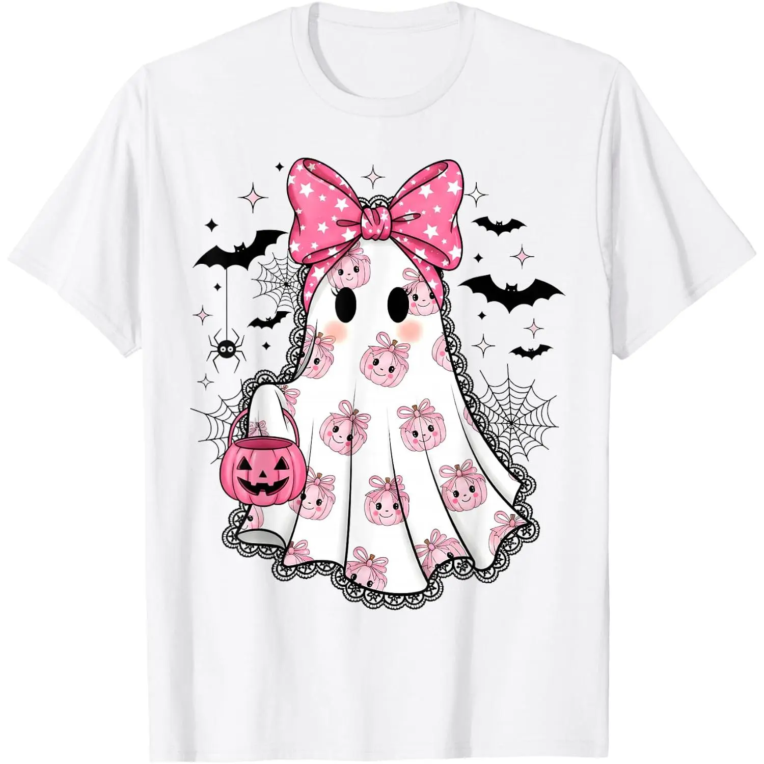Cute Lace Ghost Halloween Coquette Pink Bow Women Girls T-Shirt