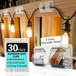 30 PCS Hooks for Outdoor String Lights Clips, Heavy Duty Light Hook with Waterproof Adhesive Strips for Outdoor Rope Lights – UV-Resistant Clear Adhesive Hooks for Porch Patio Decor