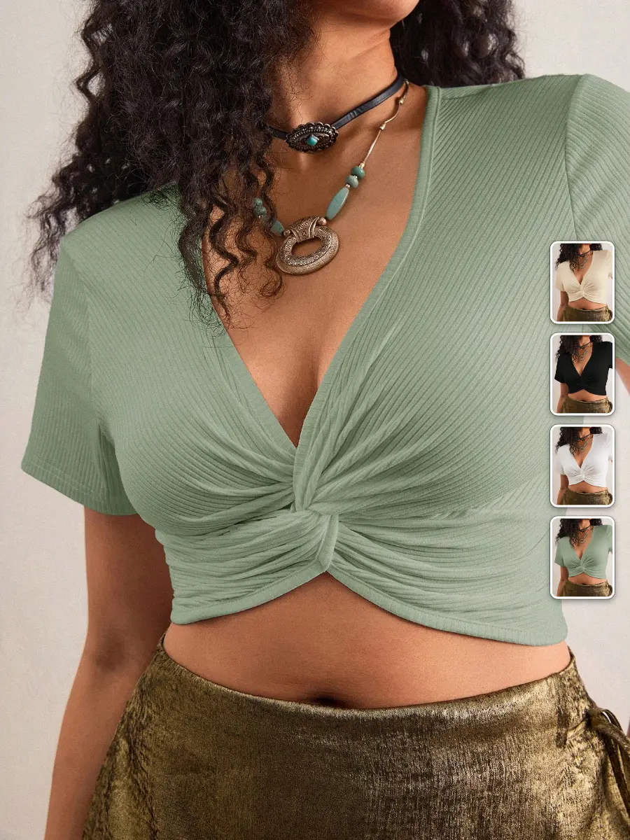Plus Size Cropped Top White V-Neck Twisted Waist-Baring Bohemian Summer Vacation