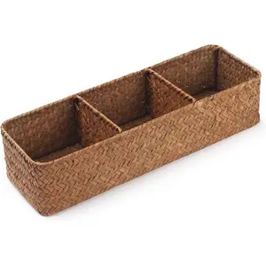 Seagrass Storage Basket 3 Sections Woven Shelf Baskets with Compartment (, 14.6inch x 4.7inch x 3.1inch)