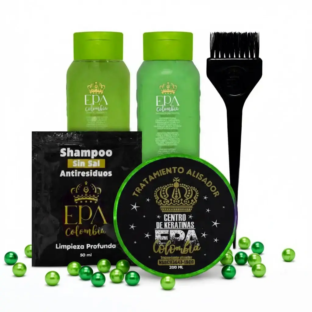 Epa colombia combo fusion keratina verde  / 1 sachet Anti-Residuos + 1 shampoo x 300ml + 1 acondicionador x 300ml + 1 porcion x 200 ml de Tratamiento alisador (Keratina) + 1 brocha de aplicacion.
