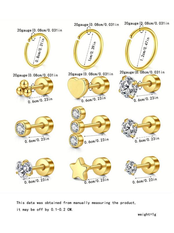 Mixed Style Rhinestone Decor Earrings Set, Stainless Steel Cartilage Earrings, Fashion Jewelry for Party, Daily Clothing Decor, Trendy All-match & Exquisite Jewelry for Gift