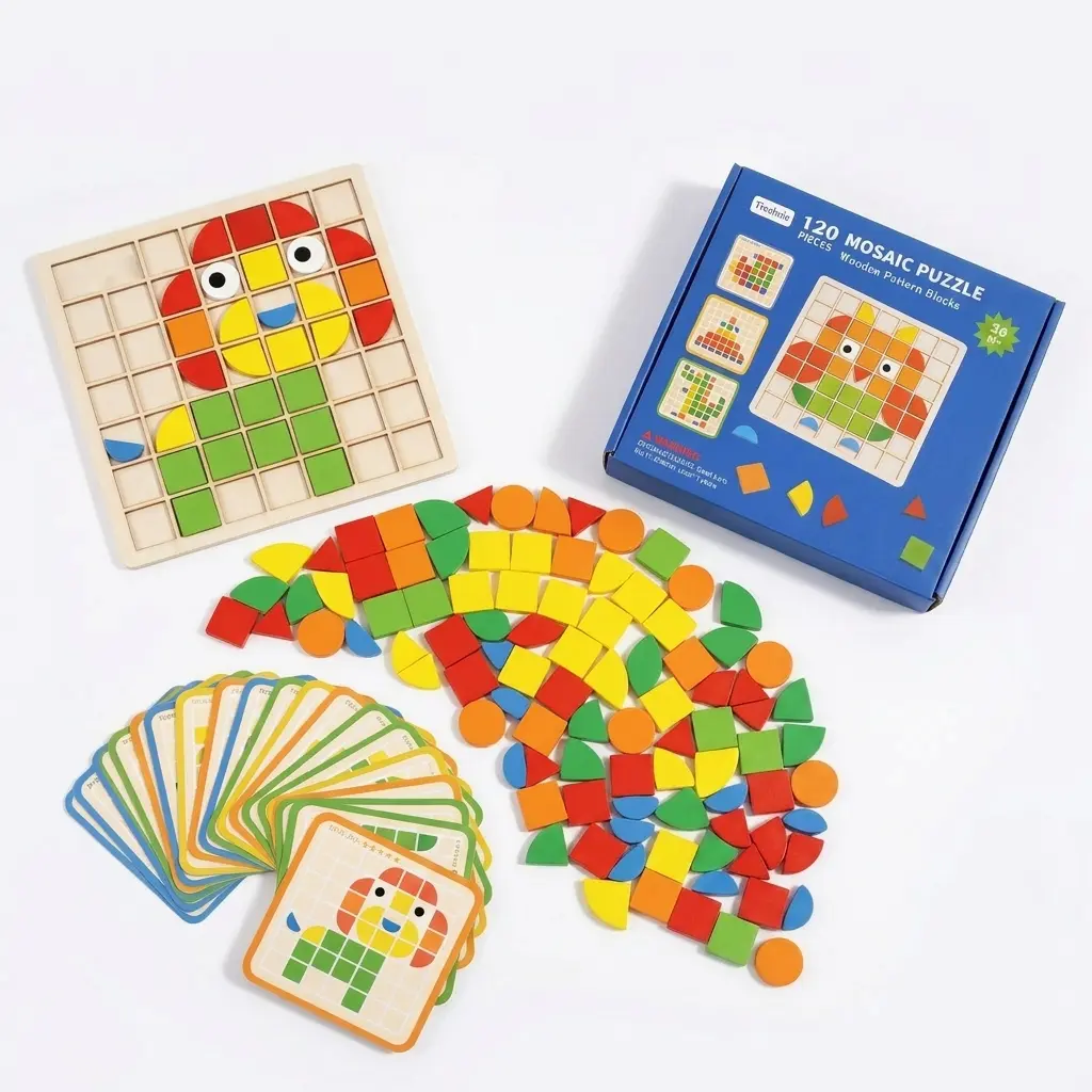 120 PCS Wooden Mosaic Puzzle Pattern Blocks, Educational Montessori Toy for Toddlers Kids Age 3+, Color Shape Recognition Geometric Tangram STEM Creative Brain Teaser Jigsaw Board Game Gift