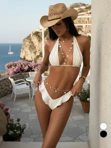 EDOLYNSA Bikini swimwear Halter swimsuit comfy beach wear vacation seaside Bathing Suits white ruffled Summer Outfit K315 Beachwear Bikini Swim Top