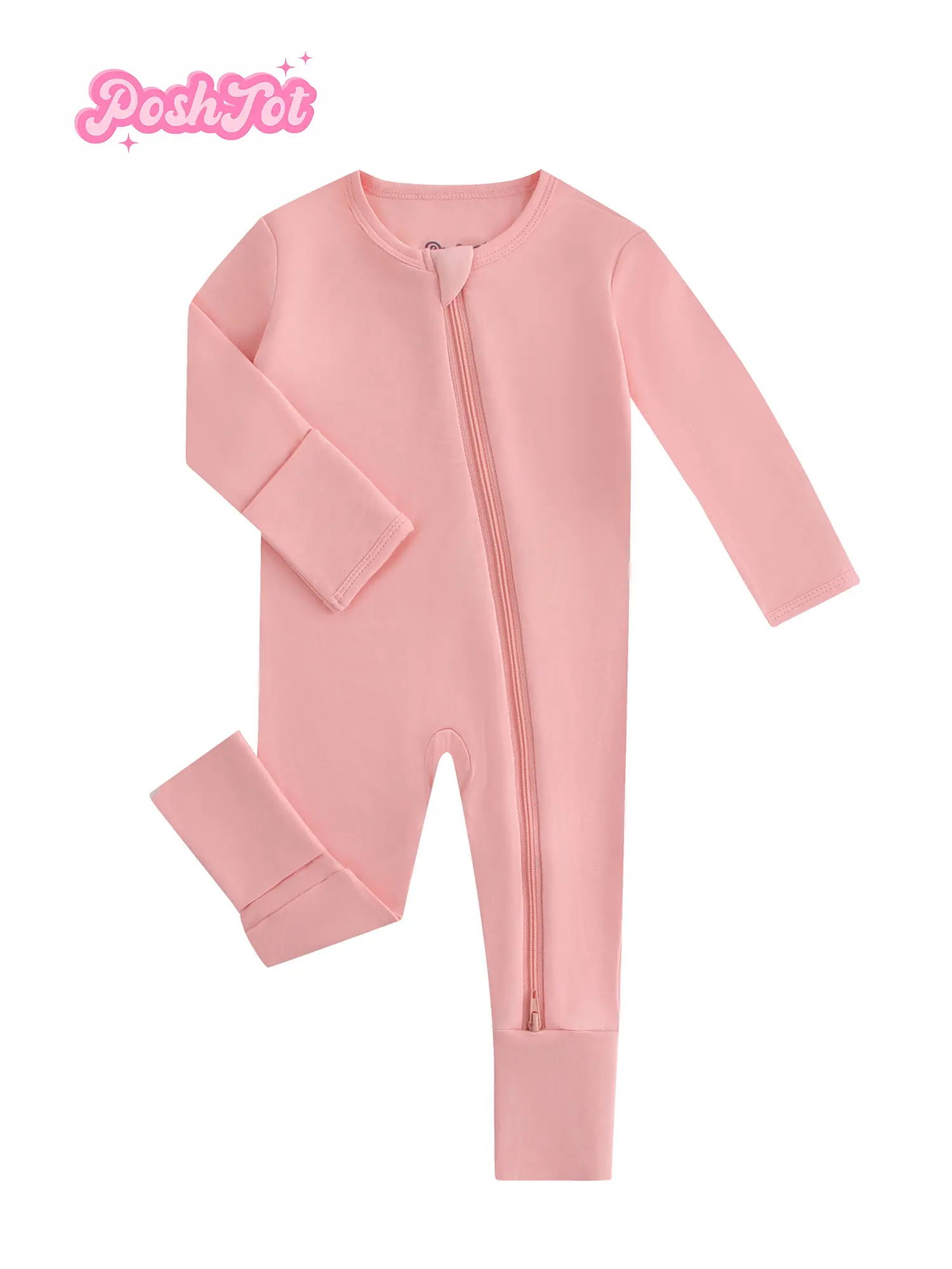 PoshTot Solid Color Bamboo Fiber Baby Crawler Zip-Up Onesie for Boys & Girls Long Sleeve Unisex Summer Play Casual Clothing with Foldable Foot Cover Double Zipper