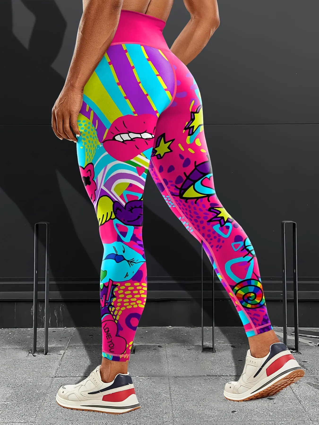 [Popular Choice] Women's High-Waist Colorful Graffiti Print Yoga Pants, Stretchy Leggings for Running, Fitness & Training, Tummy Control Butt Lifting Sports Base Layer - Polyester/Spandex