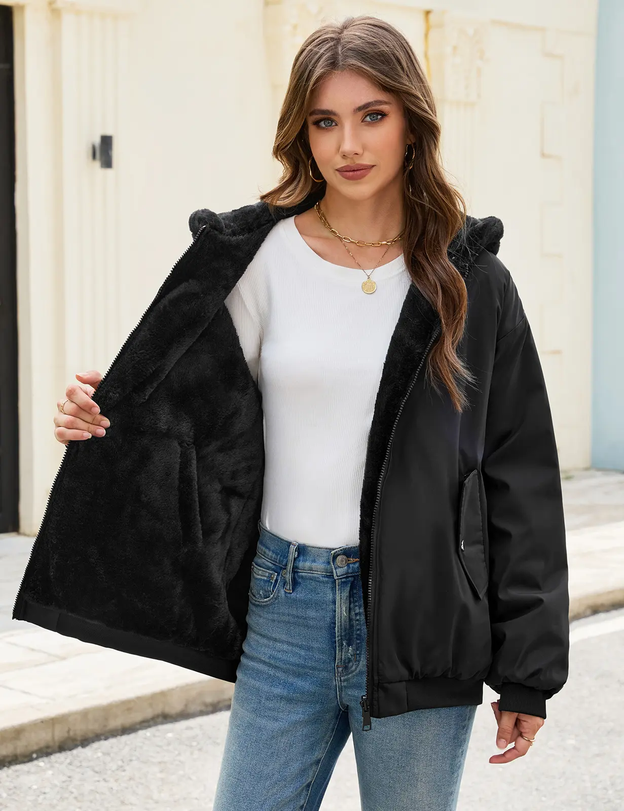 HEEKPEK Women's Reversible Thermal Soft Fuzzy Cotton Hooded Zip-Up Fleece Lined Jacket - Solid Colors, Casual Relaxed Workwear Outerwear Tops with Pockets, Long Sleeves, Elegant Straight Leg Pairing Compatibility Denim Match Option