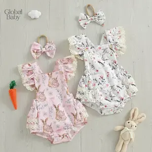 Global Baby Girls Easter Outfits Flower Bunny Print Lace Trim Flying Sleeve Spring Romper with Bow 2 Pcs Set Baby romper dress | Cute, adorable, cute, beautiful | Cheer romper dress