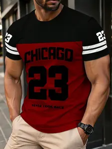 Men's 3D Chicago letter stripe color block print crew neck fitted short-sleeved shirt, a casual and stylish outdoor streetwear top for summer, making it the perfect gift choice.