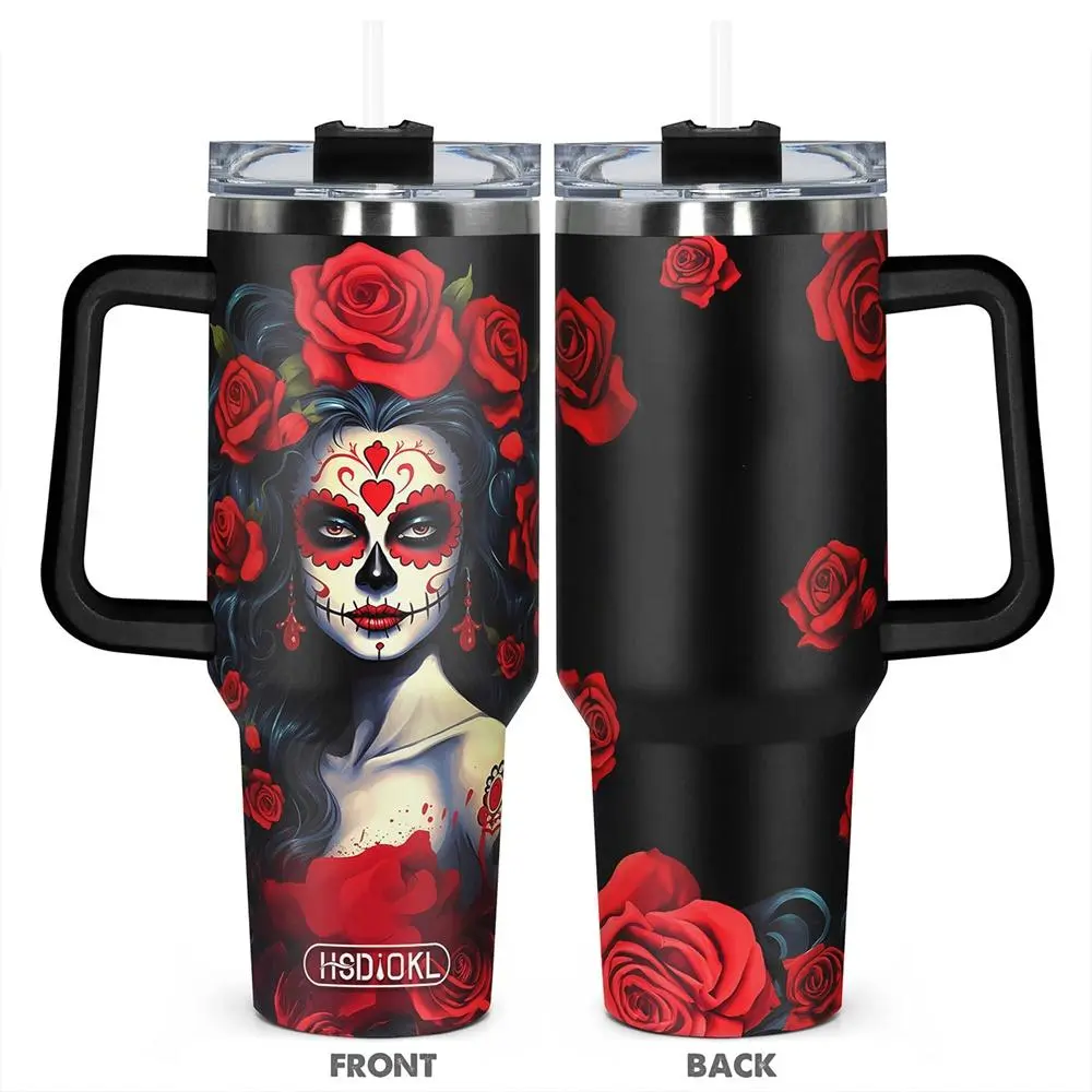 40oz Insulated Travel Tumbler, 1 Count Stainless Steel Cup, Insulated and Durable Tumbler, Featuring a Beautiful Rose Design, Perfect Gift for Flower Lovers, Bottled, Vacuum Insulated Flask