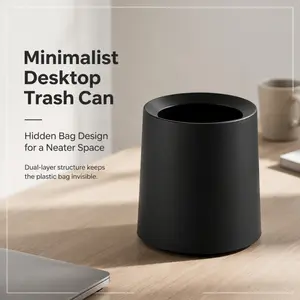Minimalist Desktop Trash Can with Hidden Liner, Dual-Layer Small Waste Bin for Office, Bedroom & Bathroom, Black Compact Trash Holder with Invisible Plastic Bag Design, Odor-Free & Stylish