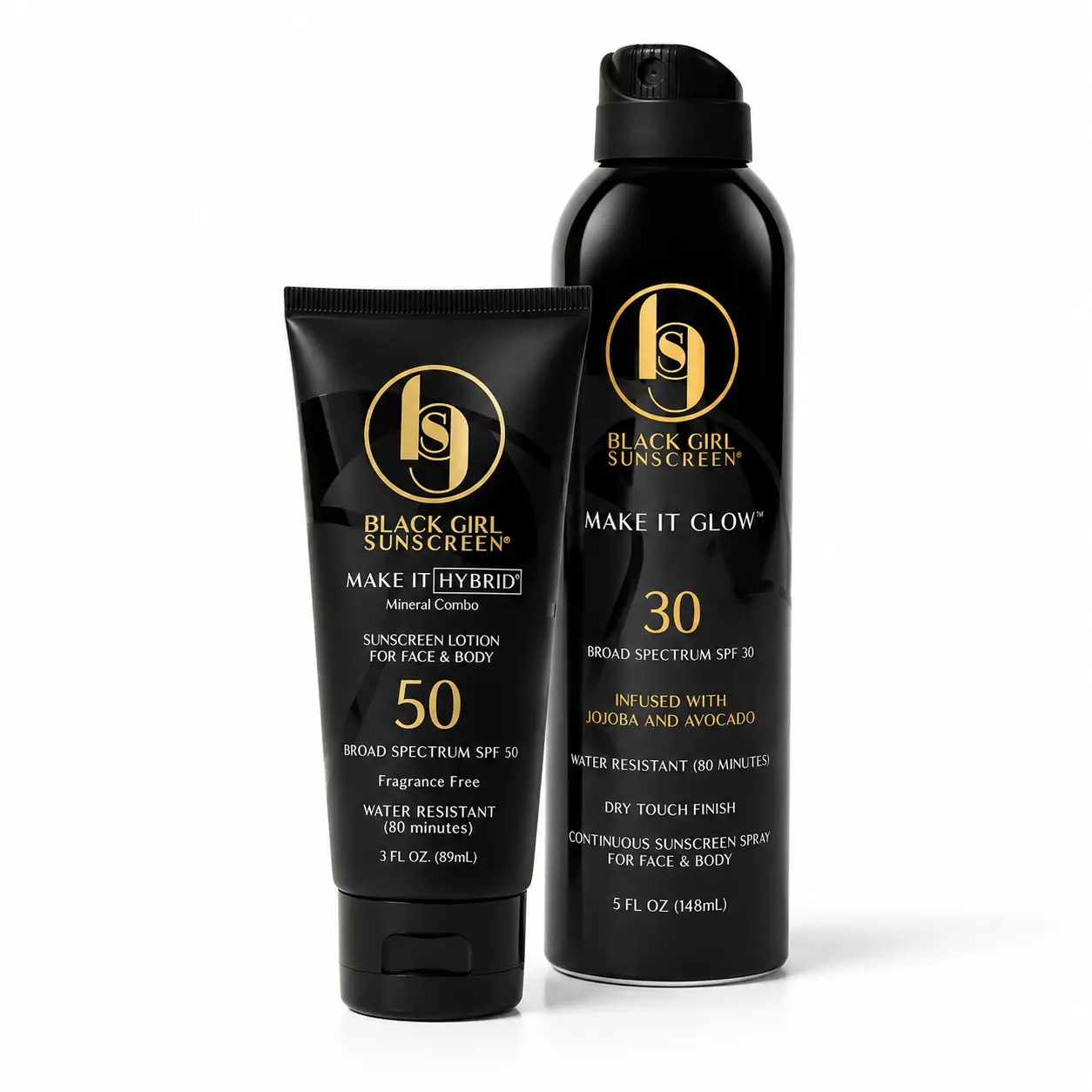 BGS Body Duo Bundle - Make It Glow Spray + Broad Spectrum Sunscreen (SPF 30), Body Care with Avocado, Lightweight, Moisturizing, Radiant, No White Cast for Melanin-Rich Skin