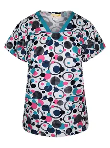 Pepino Uniforms Printed Teal Polka Dot Piping V-Neck Scrub Top