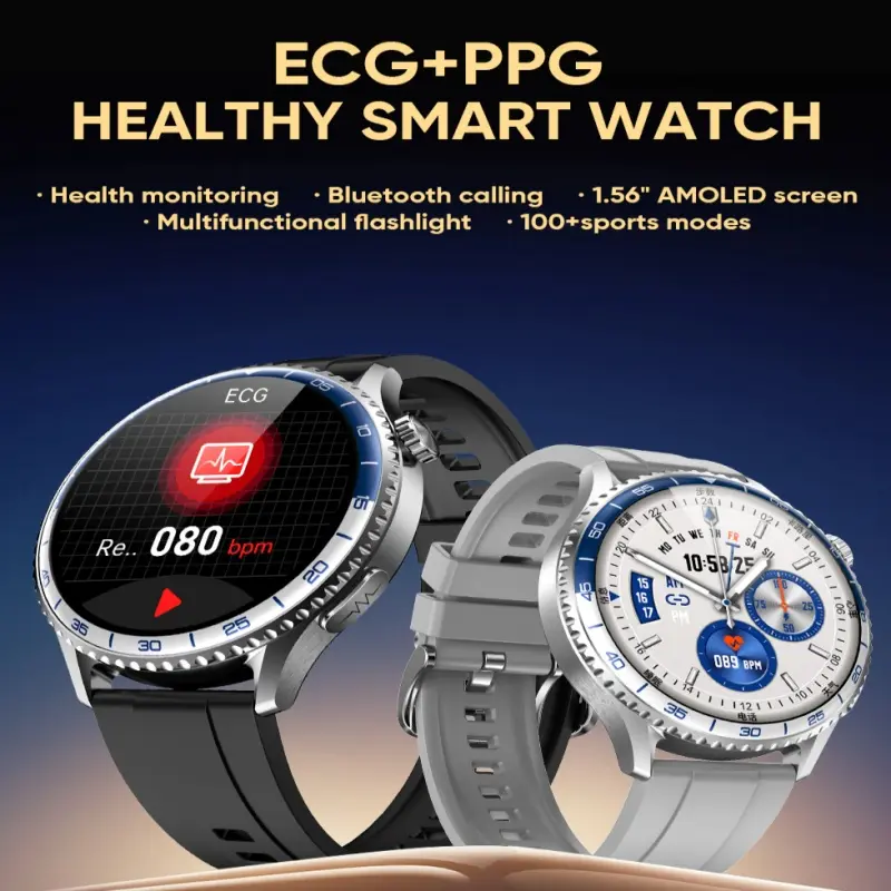 Health ECG smart smartwatch for men and women, Bluetooth calling, syncs with phone, 1.56-inch ECG heart rate monitoring, sleep tracking, over 100 sports modes, fitness tracker compatible with Android and iOS, IP68 waterproof, black wearable device
