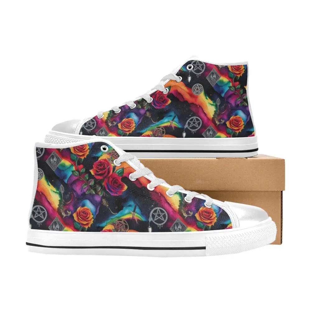 Custom Everyday Casual Gothic Occult Rainbow Pentagram and Roses  Athletic High Top Canvas Shoes for Women Print 2