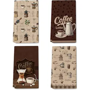 Vintage Coffee Kitchen Towels Decorative Set of 4, Brown Dish Towels Soft Absorbent Cute Tea Towel Hand Towel for Coffee Bar Drying Cleaning Kitchen Decor