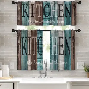 Teal and Brown Kitchen Window Curtains Valance and Tier Set 36 Inch Rustic Farmhouse Turquoise Rod Pocket Short Tier Curtain for Bathroom Small Cafe Drapes for Kitchen Decor
