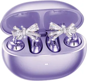 Stylish Open-Ear Clip-On Earbuds with  Bow Earrings, Lightweight & Comfortable Fit, Fashionable Open-Ear Buds Headphones for Women, Ideal for Work, Running, and Daily Wear Purple