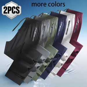 [ Summer Atmosphere ] Men's elastic ice silk quick drying casual pants, summer zipper pockets, breathable and skin friendly fashion casual sports pants, 2PCS value combination, multi-color options